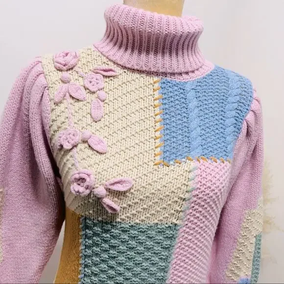 LoveShackFancy Allan Patchwork Turtleneck Sweater Pullover Size M in Autumn Fest